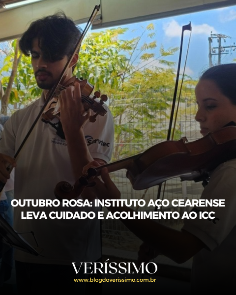 Violinistas durante programação do Outubro Rosa no ICC, com manchete e logo do Blog do Veríssimo